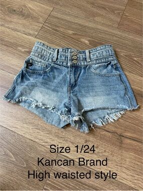 KanCan Light Blue High-Waist Frayed Denim Shorts